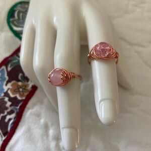 New Handmade Elegant Pink Beaded Wire Wrapped Rings Pair Size 4.5